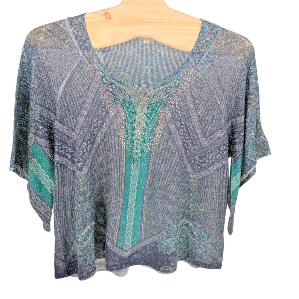 Reba Woman Knit Top 2X Blue Paisley Rhinestone Lurex Dolman Metallic Scalloped